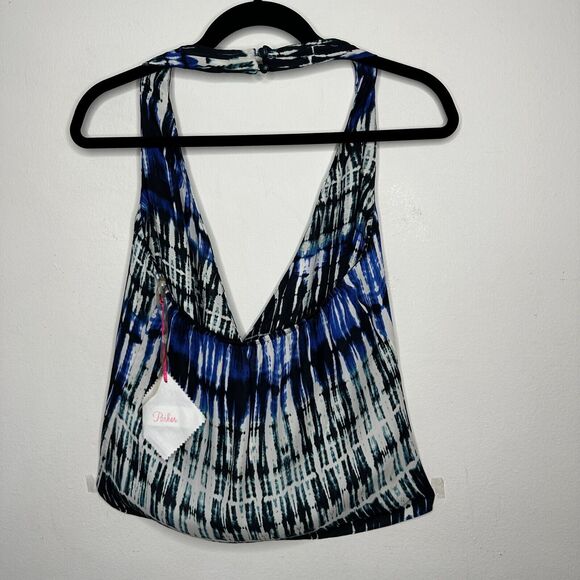 Parker Blue White Black Wales Tie Dye 100% Silk Wrap Halter Top Button VNeck L - Picture 6 of 12